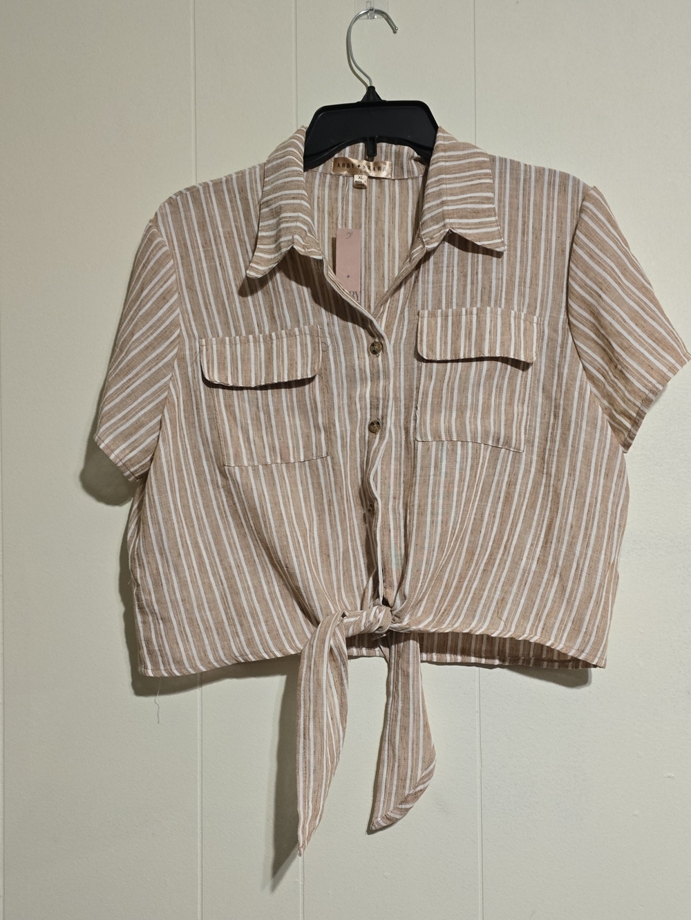 Striped Tie-Front Button-Down Shirt in Beige and White